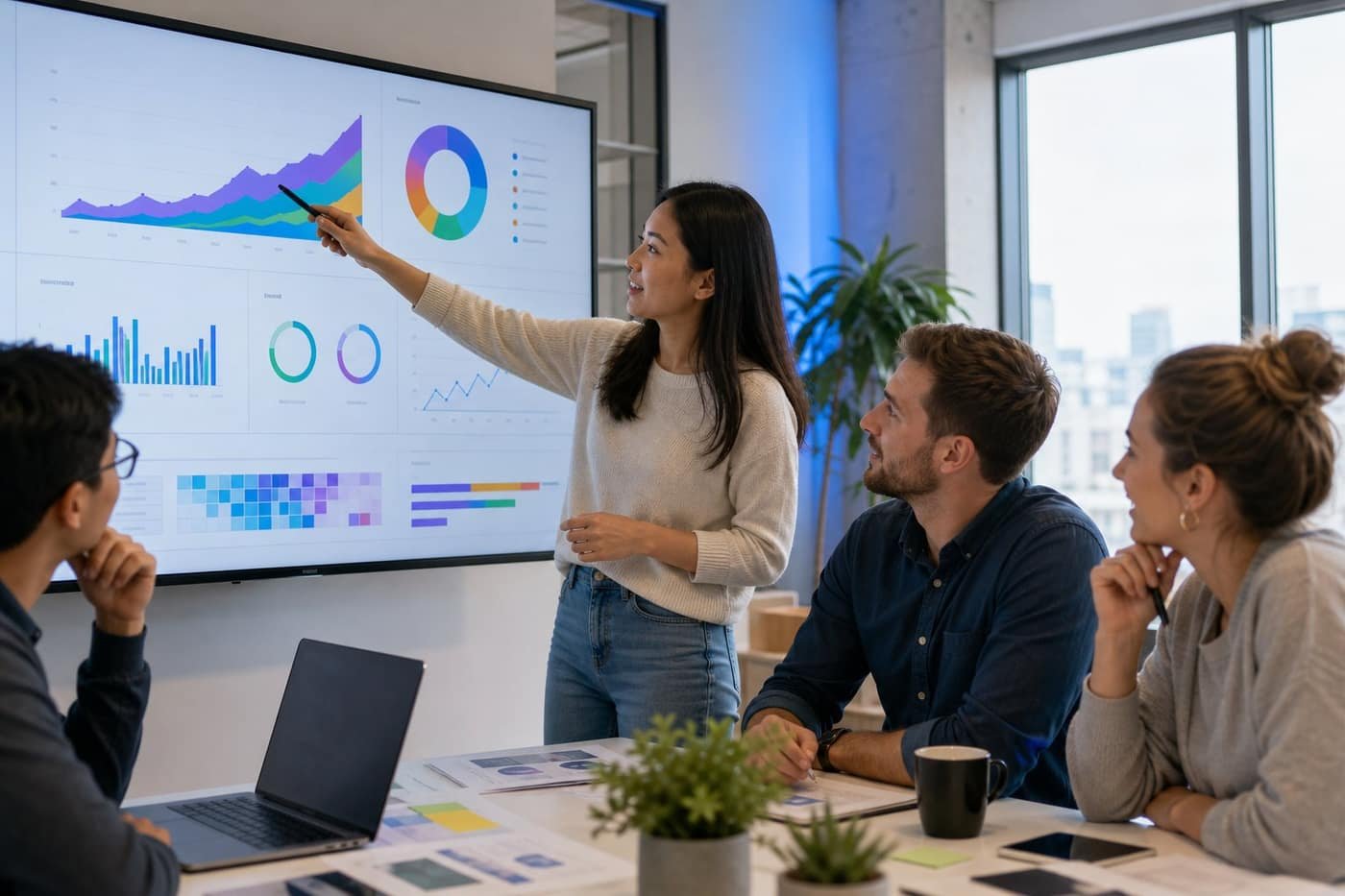 Marketing team reviewing campaign performance charts and conversion metrics on screen