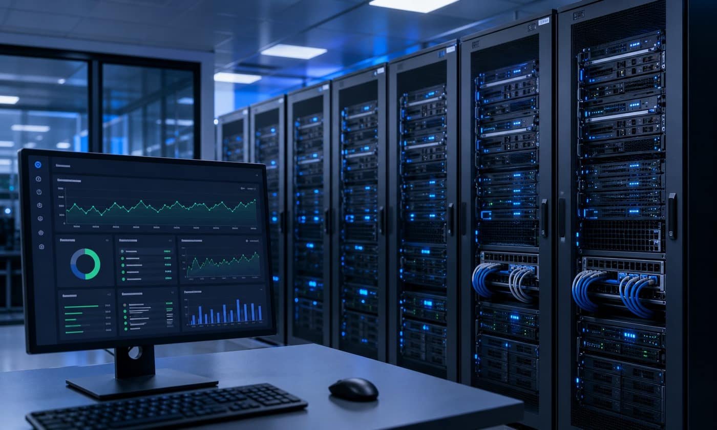 Server racks with status lights and a monitoring dashboard showing healthy uptime