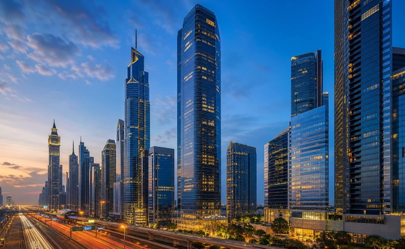 Dubai business district towers along Sheikh Zayed Road, where Tima Codex delivers software for Gulf enterprises